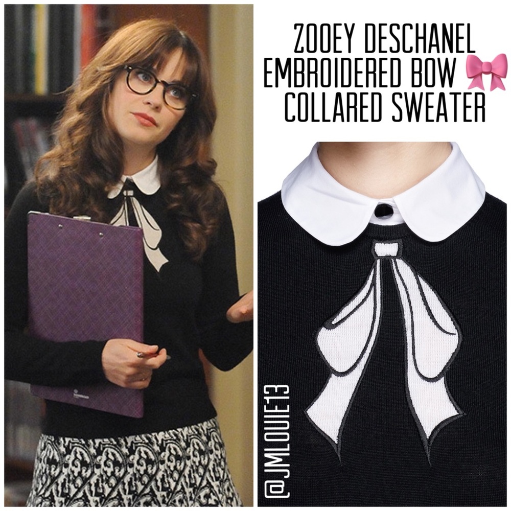 Alice + Olivia Black Embroidered Ribbon Bow Collared Sweater